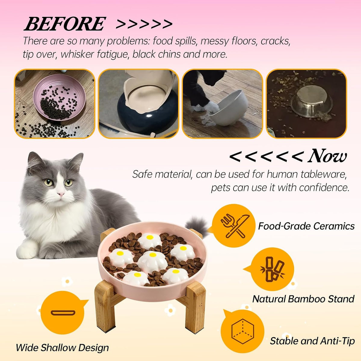 Ceramic Slow Feeder Cat Bowl, 6.3" Whisker Friendly Anti-Vomit - White + Stand - image 4