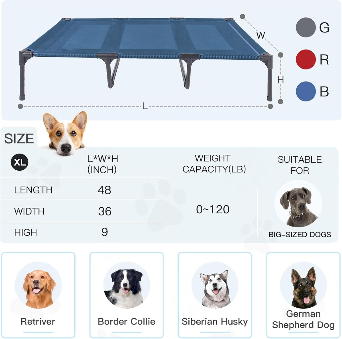 Elevated Dog Bed for Large Dogs 120lb - XL (48"L x 36"W x 9"H) / Blue - image 4