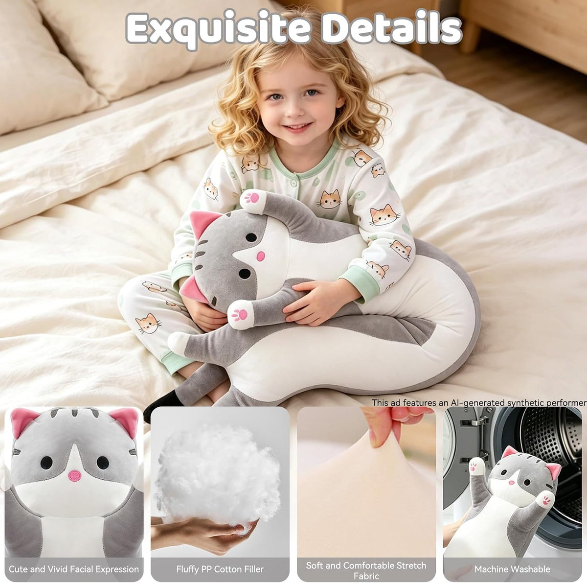 Cute Long Cat Plush Body Pillow, Soft Stuffed Animals 19.7 Inch – Fun for Kids & Family - Gray / 27.5 inches - image 4