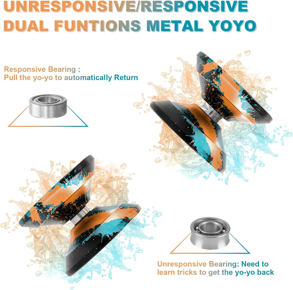 W07 yoyo Professional Metal Trick Yoyo Responsive & Unresponsive – Fun for Kids & Family - 7-Black Blue Orange - image 2