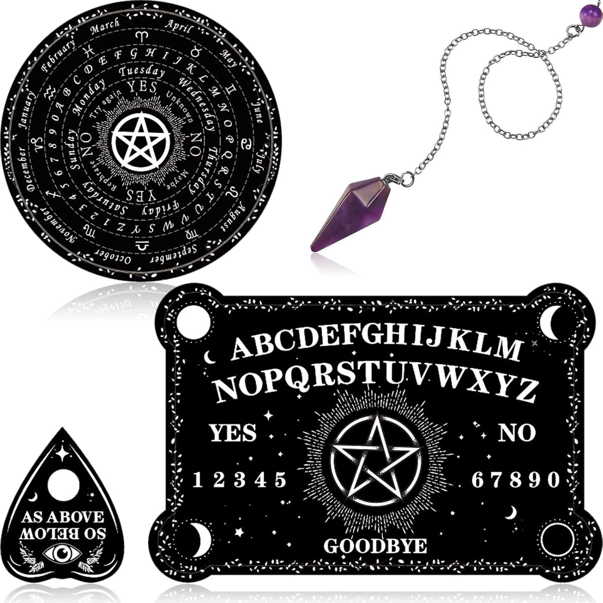 Threan Pendulum Board with Amethyst Pendulum Star Style Planchette Set – Fun for Kids & Family - Star Style