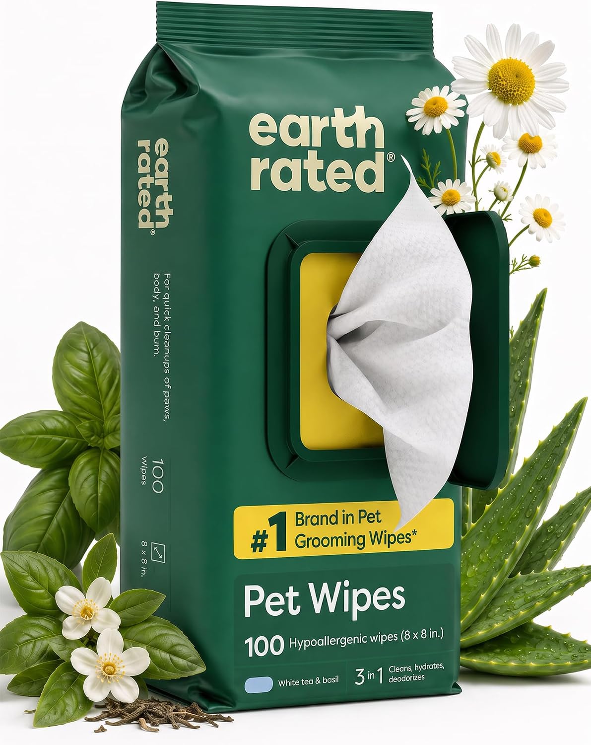 Earth Rated Dog Wipes for Paws & Butt, Deodorizing - White Tea Basil / 100 Grooming Wipes