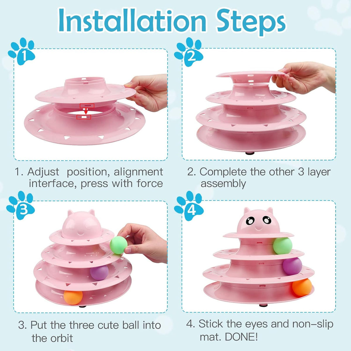 UPSKY Cat Toy Roller 3-Level Turntable Cat Toys with Six Colorful - B-Pink - image 3