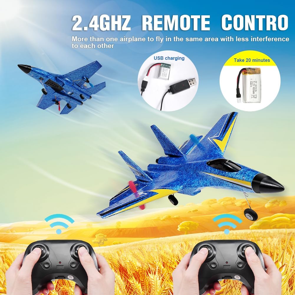 SU-27 RC Airplane,2.4GHz 2 Channel Remote Control Plane with Gyro Night Lights and 2 Batteries - Blue - image 4