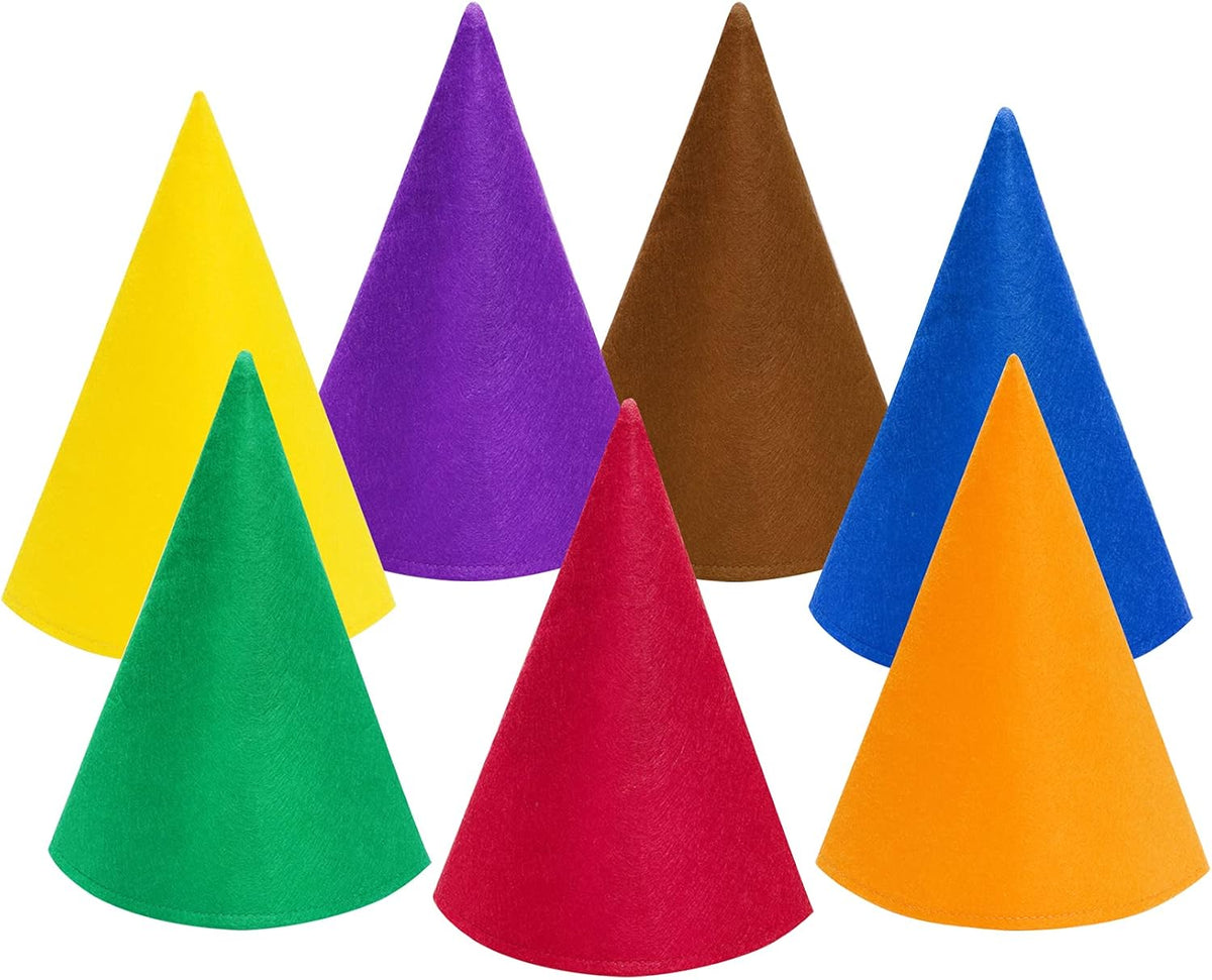 Fengek 7 felt Christmas gnome hats in orange, green, blue, purple, brown, red and yellow