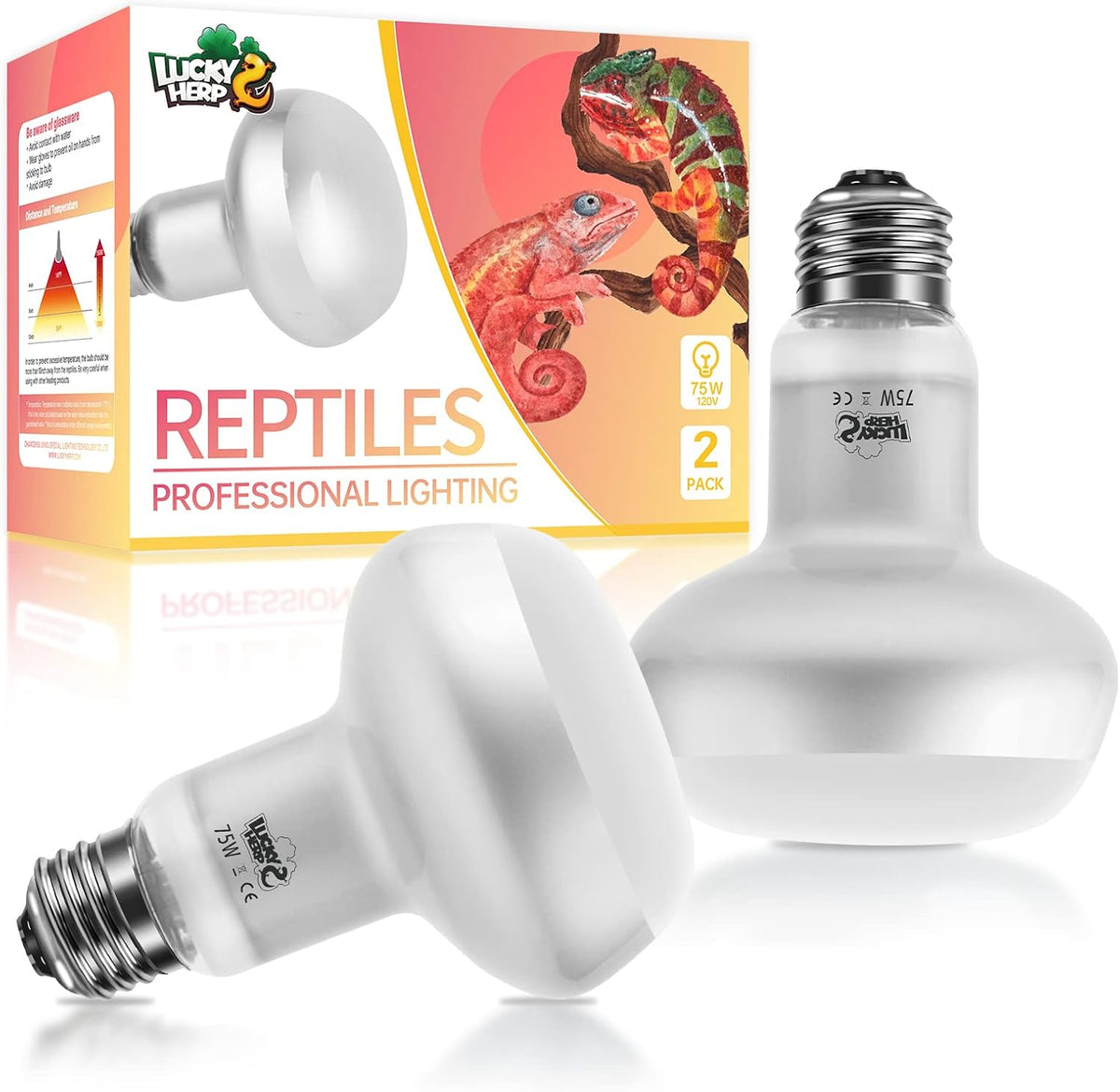 LUCKY HERP Intense Heat Lamp Bulbs for Reptiles 100W 2 Pack - Natural Basking Light Bulb / 75 Watts