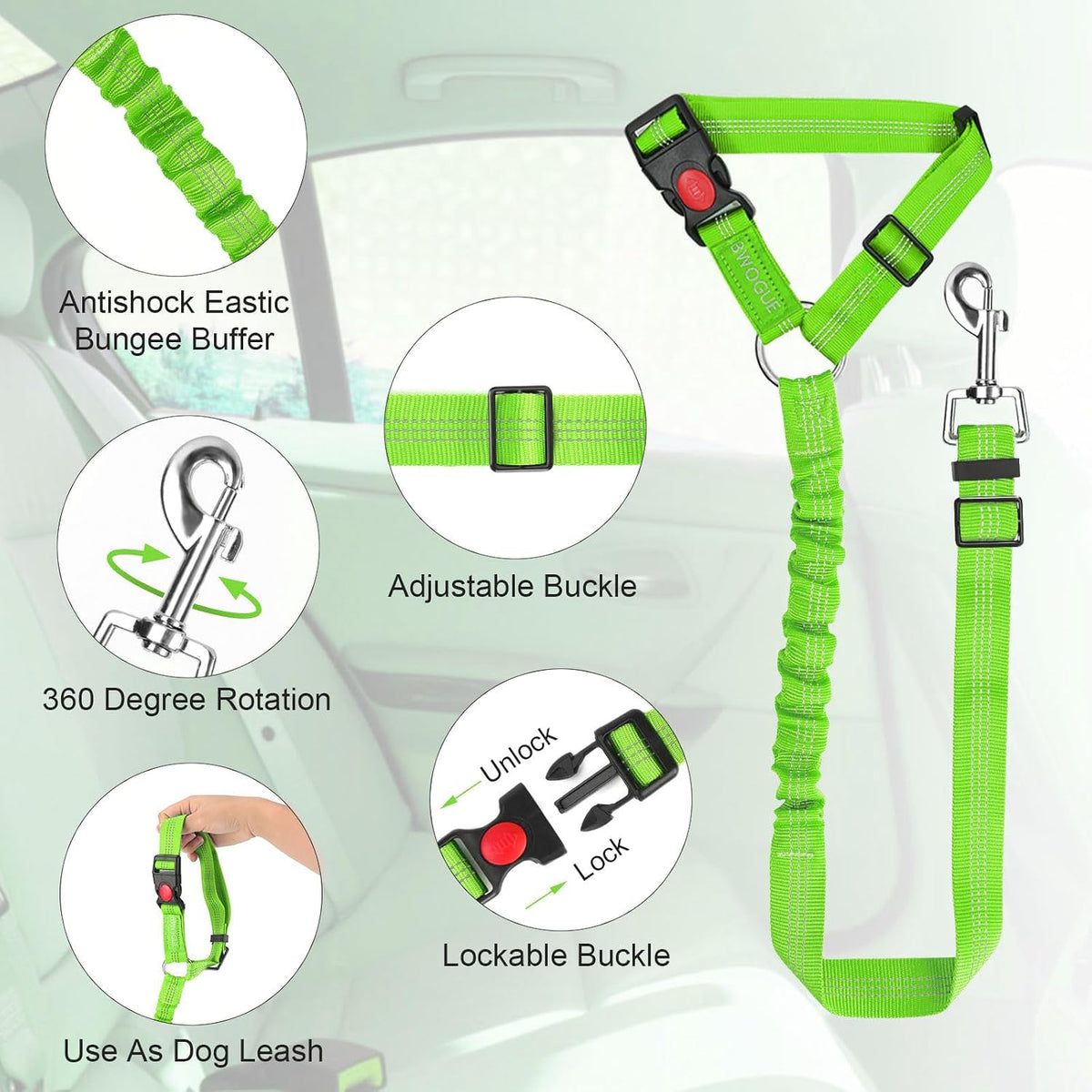 Dog Seat Belt for Car, Headrest Restraint Safety Lead, Dogs Cats – Essentials for Dogs - Green / Elastic - image 4