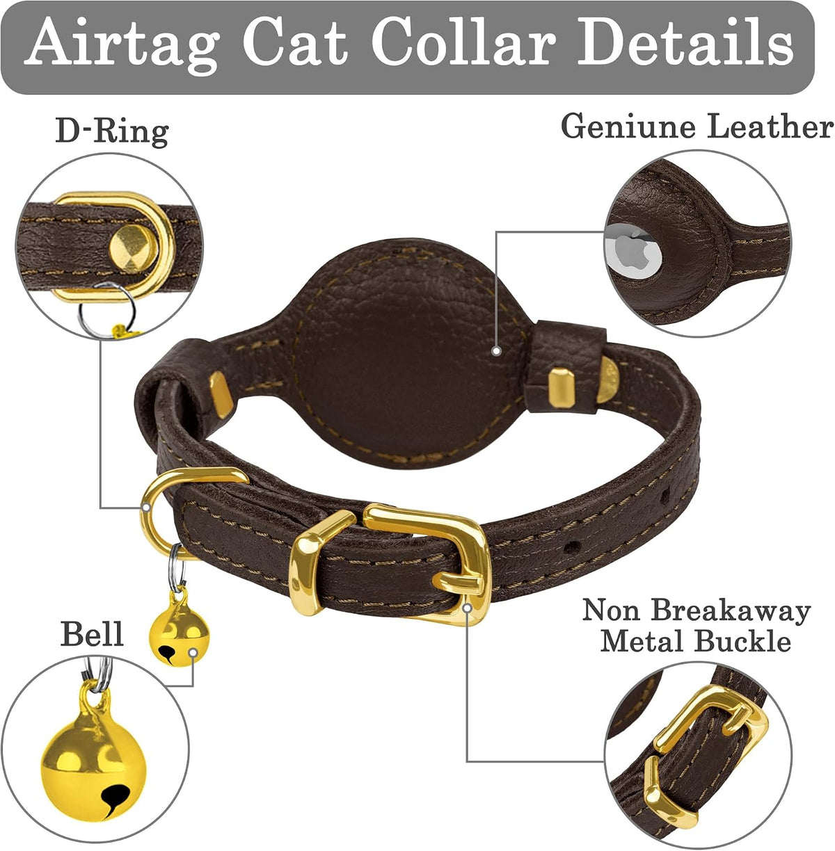 OOPSDOGGY Leather AirTag Cat Collar with Bell - Dark Brown - image 3