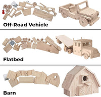 Kraftic Woodworking Building Kit for Kids and Adults, Set of 3 Educational DIY Carpentry Construction Wood Model Kit Toy Projects for Boys and Girls - Off-Road Vehicle, Flatbed Truck, Barn Birdhouse