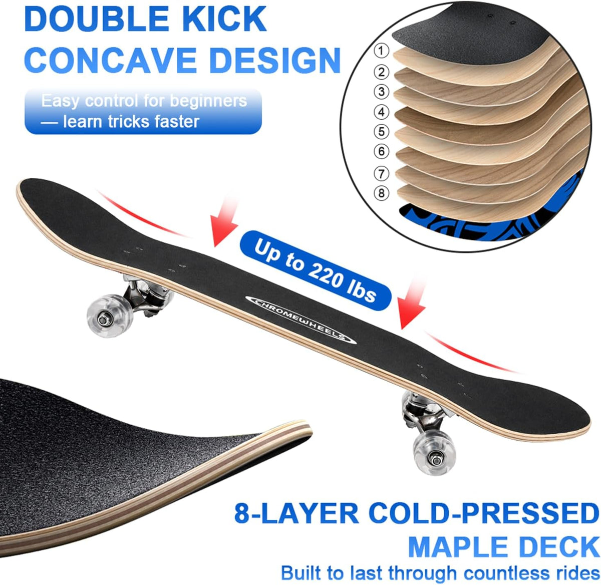 ChromeWheels 31 inch Skateboard Double Kick Skate Board Cruiser - Blue - image 4