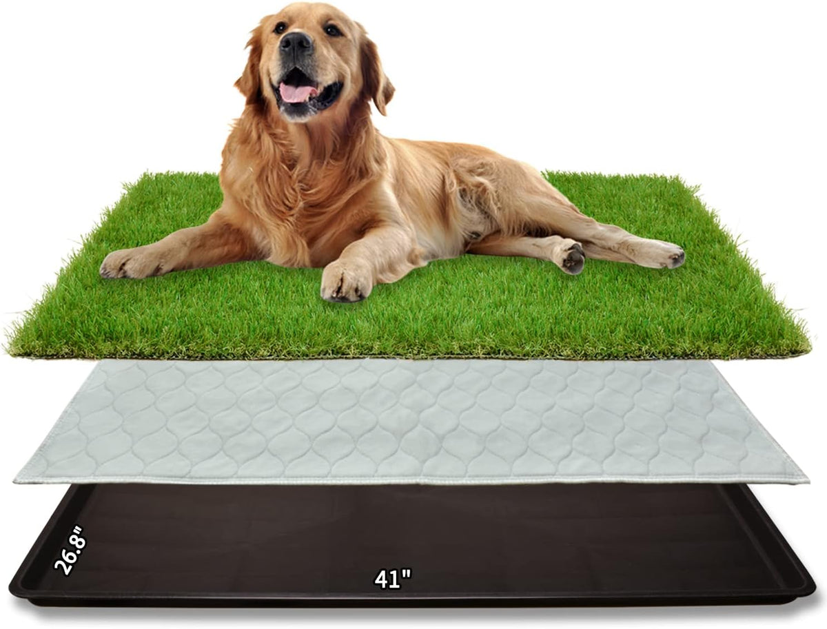 Dog Grass Pad with Tray for Dogs Puppy Potty Training to Pee & Poop - 3-layered design / XL-41"X26.8"