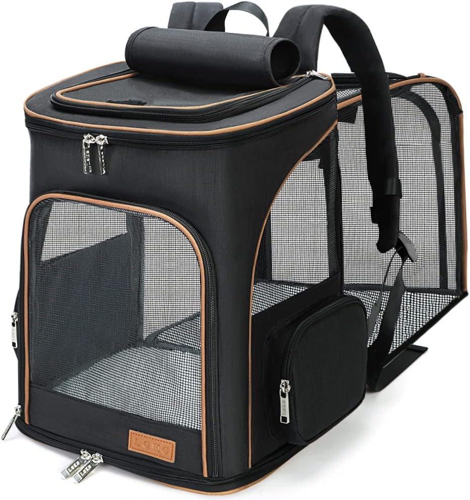 Lekereise Cat Backpack Expandable Pet Carrier Backpack for Small Cats - Black / L-Mesh Window