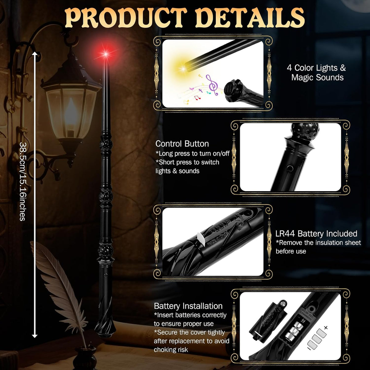 Light Up Magic Wizard Wand with Sounds & 4 Color Lights Illuminating - Black - image 2
