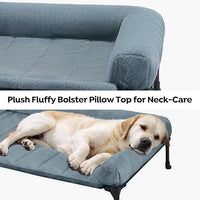 Veehoo Cooling Elevated Dog Bed with Fluffy Plush Bolster Cushion, Indoor Raised Dog Beds for Large Dogs, Soft Pet Sofa Cot with Removable Washable Mat, No-Slip Feet, 32 x 25 inches, Haze Blue
