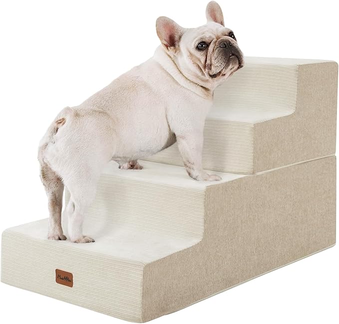 Made4Pets Dog Steps for Bed, Extra Wide Dog Stairs for High Bed Couch Sofa, 35D Foam Pet Steps for Small Dogs and Cats, Non-Slip Bottom Pet Stairs, Beige, 4 Steps