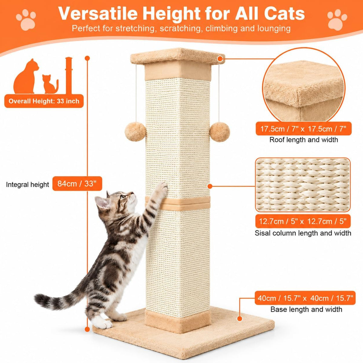 SOCATER Cat Scratching Post 33 Inch, Beige – Essentials for Cats - Orange - image 2