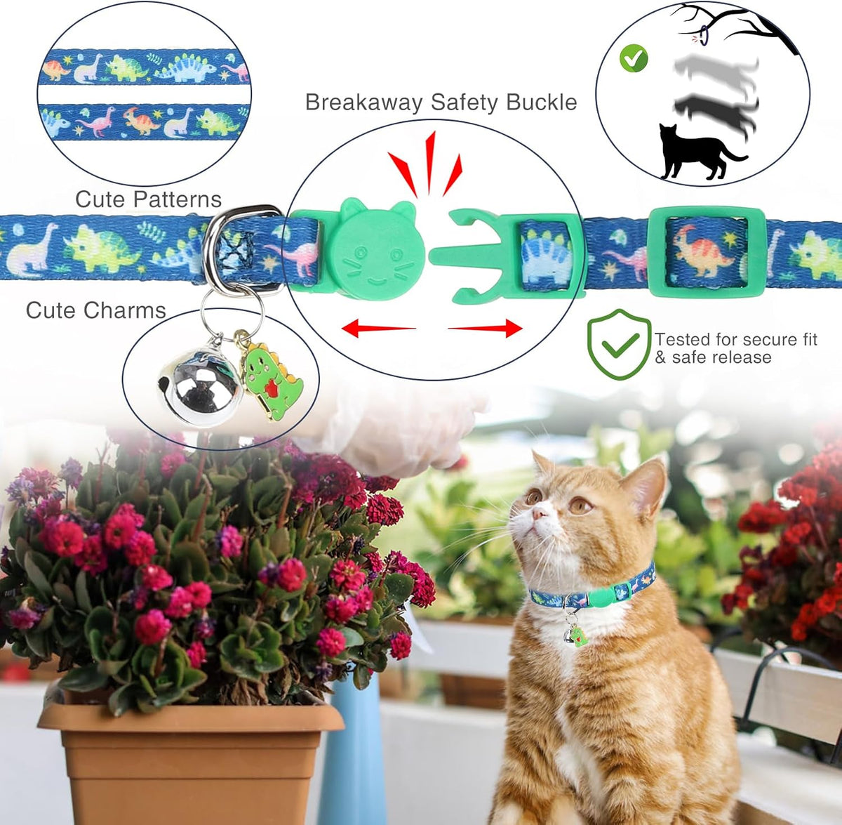 Cat Collar Breakaway, Soft Kitten Collar with Bell, Daisy - Shark Duck Dinosaur (Pack of 3) - image 4