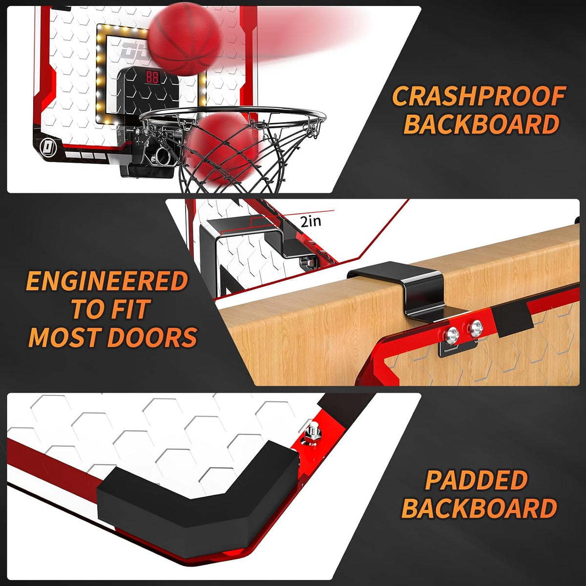 TEMI Indoor Basketball Hoop for Kids, Door Room Basketball Hoop - LED & Scoreboard & 4 Balls - image 3