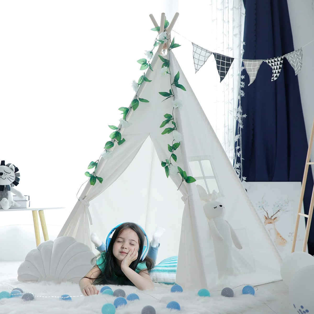 RongFa white canvas teepee tent for kids with wooden poles, flap door and mesh window - view 14