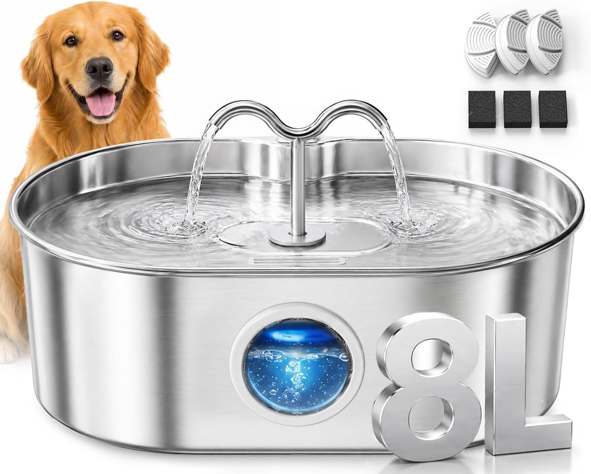 8L/270oz/2Gallon Stainless Steel Dog Water Fountain Pet Fountain – Essentials for Dogs - Fountain+3 Filters +3 Sponges