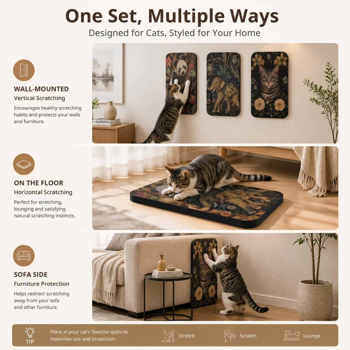 Cat Wall Scratcher, Art Cat Scratching Board for Indoor Cats – Essentials for Cats - Elephant & Cat & Panda - image 4