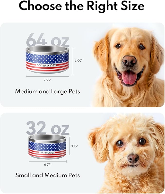 Dog Bowl, HomeRunPet Dog Food Water Bowl with Non-Slip Rubber Base, Metal Insulated Stainless Steel Dog Bowls, Double Wall Dog Bowl for Small Medium Large Dogs, Durable, Dishwasher Safe, 64oz