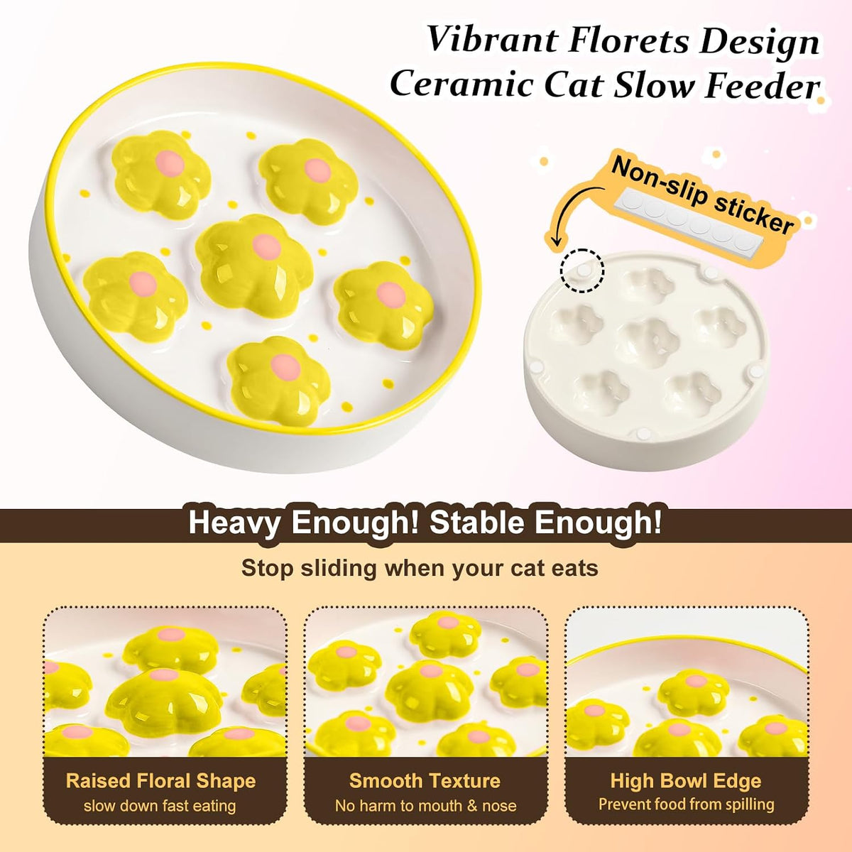 Ceramic Slow Feeder Cat Bowl, 6.3" Whisker Friendly Anti-Vomit - Yellow - image 4