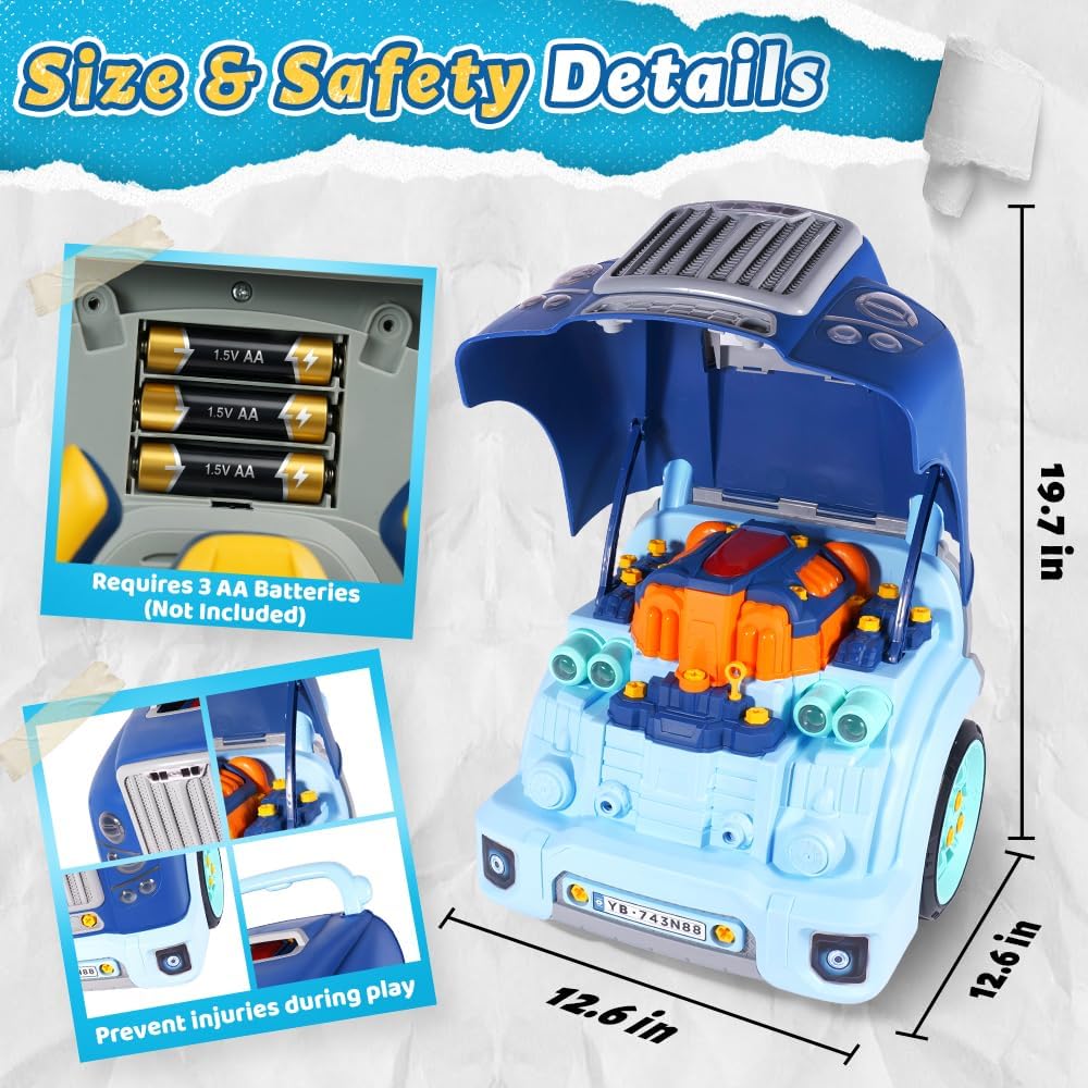 Interactive Truck Engine Toy with Removable Parts, Lights - Blue - image 2