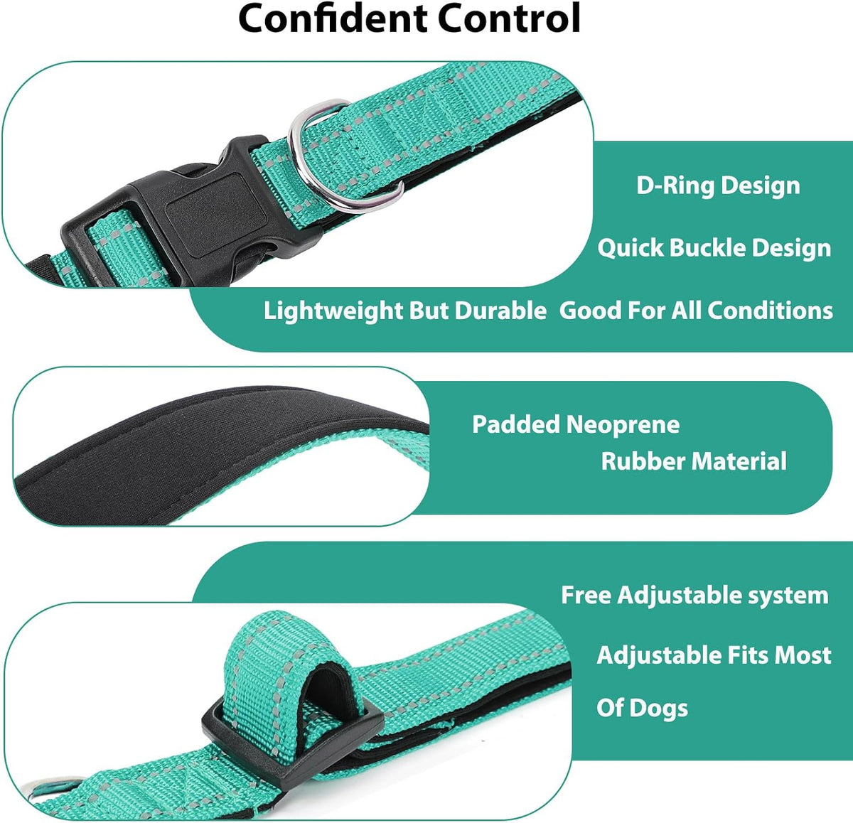 Reflective Dog Collar, Adjustable Nylon for Medium Dogs - Teal / S:width 5/8"neck 10.5-16" - image 4