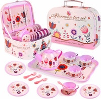 Lajeje Pretend Play Tea Set for Little Girls Ages 3-8 - Flower Tin Teapot Set