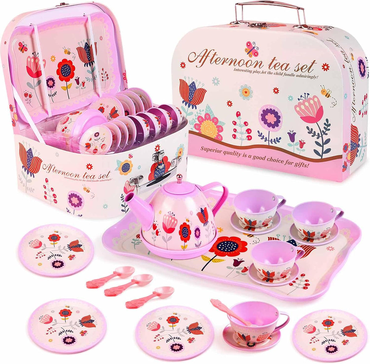 Lajeje Pretend Play Tea Set for Little Girls Ages 3-8 - Flower Tin Teapot Set