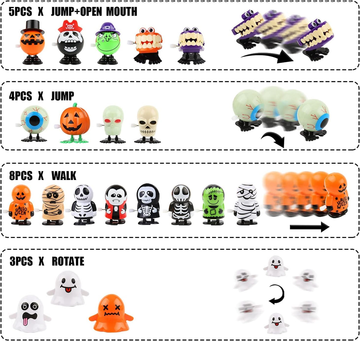 KIMOBER 20 assorted Halloween wind-up clockwork toys including skeletons, ghosts, mummies and eyebal - view 3