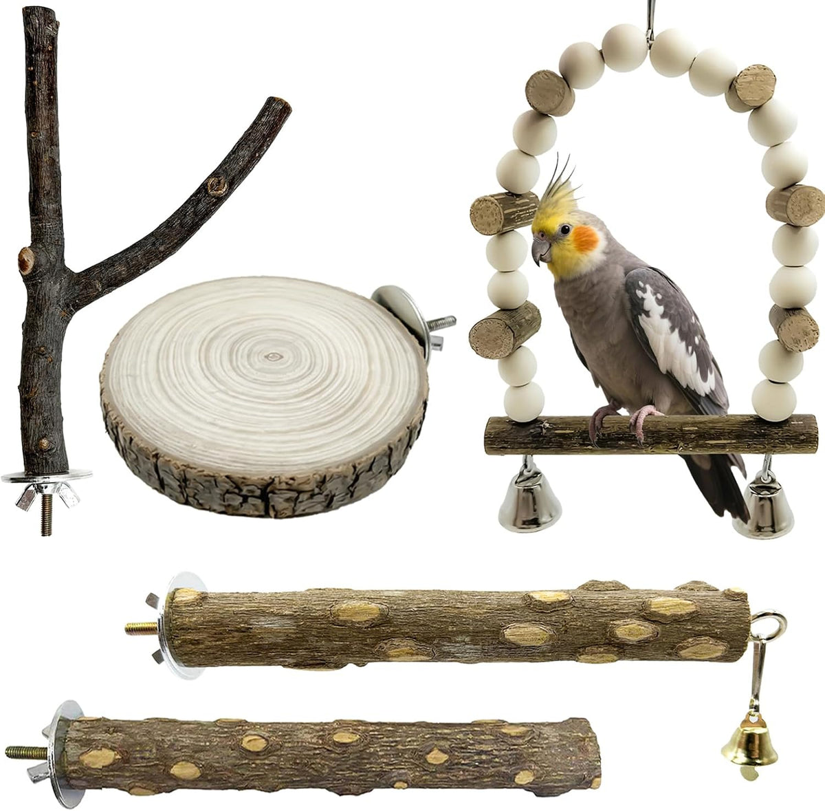 5Pcs Natural Wooden Bird Perch Set, Parrot Perch Toys - Brown / 5PCS-B