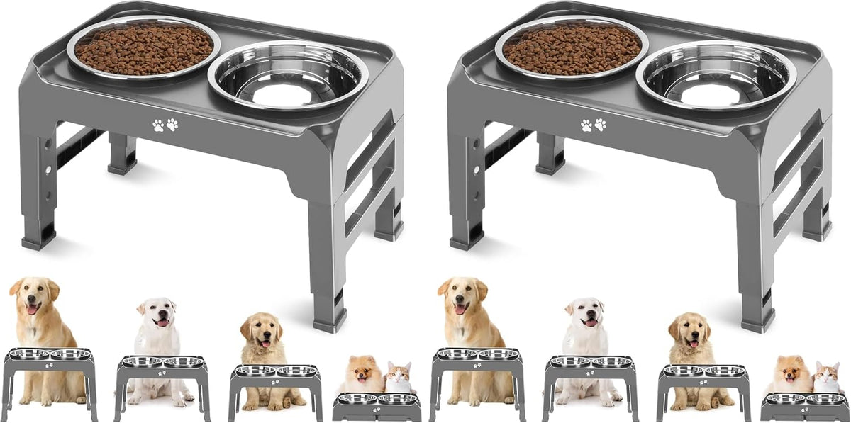 Elevated Bowls, 4 Height Adjustable Raised Stand With 2 Thick 50oz Stainless Steel Food Bowls - Grey / 8" for Medium Dogs (Pack of 2)