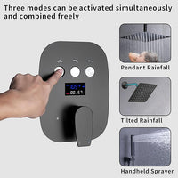 Shower Faucet Set Matte Black Temperature Display Shower System, Push Button Shower Faucet with Dual Rain Shower Head(12 inch+8 inch), and Handheld Shower
