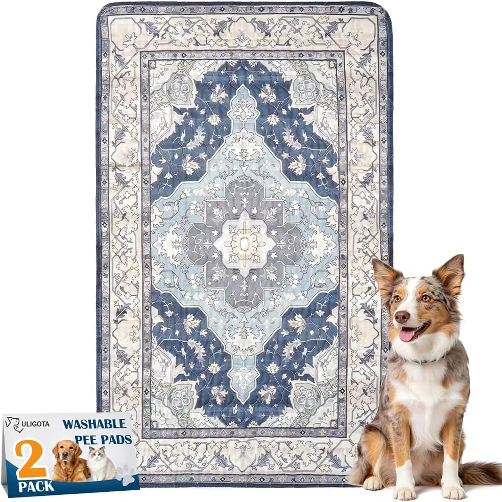 Washable Pee Pads for Dogs, Non-Slip Potty Pads - Navy & Ecru / 48"x32" (Pack of 2)