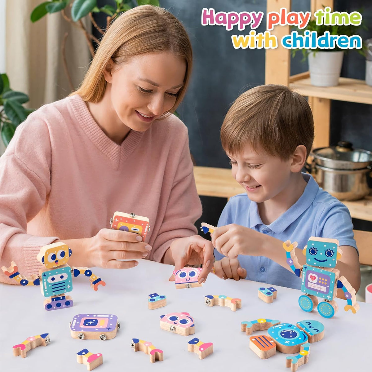 KODATEK 30-piece wooden snap-together robot toys with color-coded heads, arms and legs - view 4