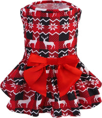 PUPTECK Classic Beige Plaid Dog Dress with Bow Puppy Skirt Clothes M – Essentials for Dogs - Christmas(Deer and Snow) / Large