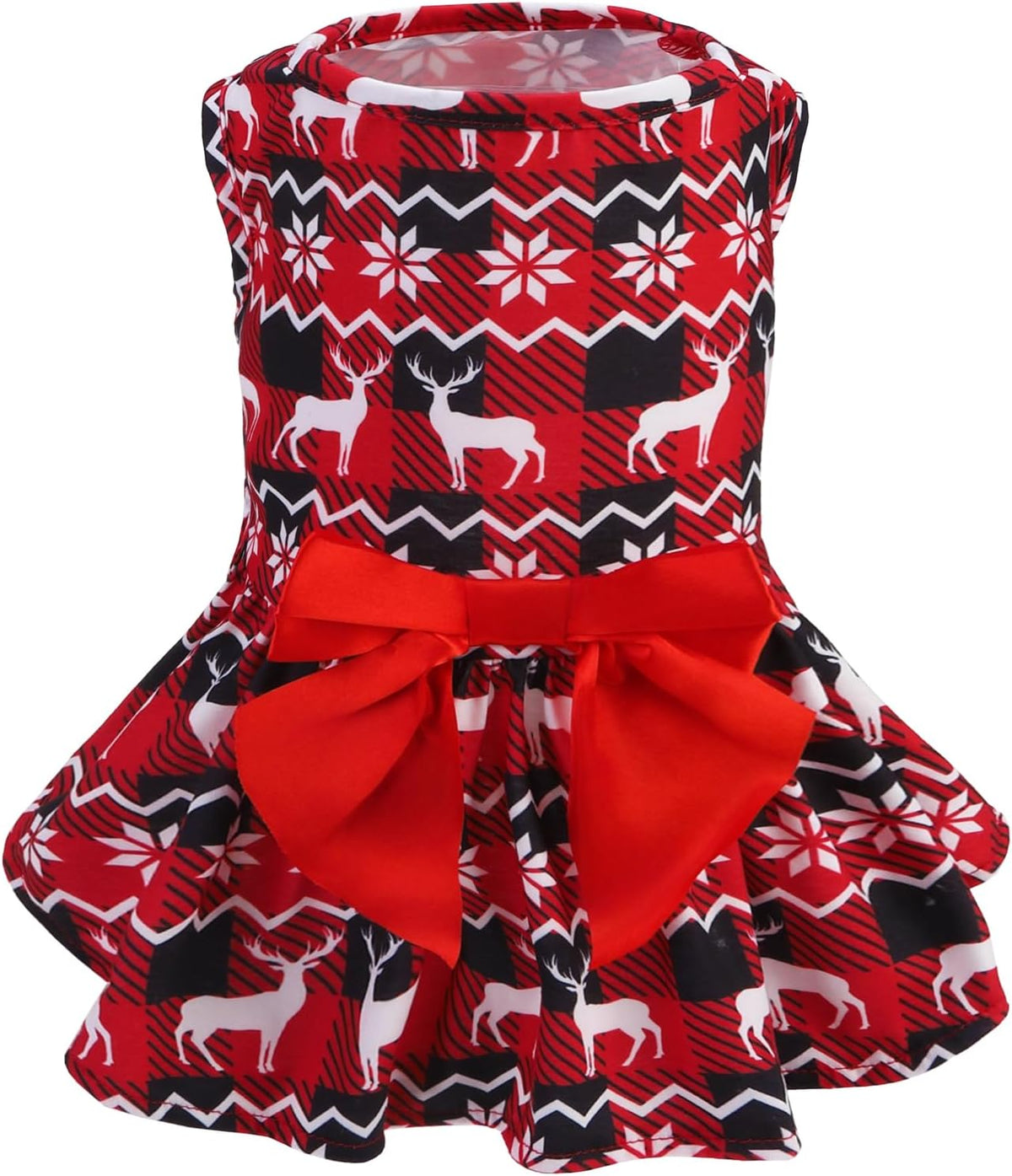 PUPTECK Classic Beige Plaid Dog Dress with Bow Puppy Skirt Clothes M – Essentials for Dogs - Christmas(Deer and Snow) / Large