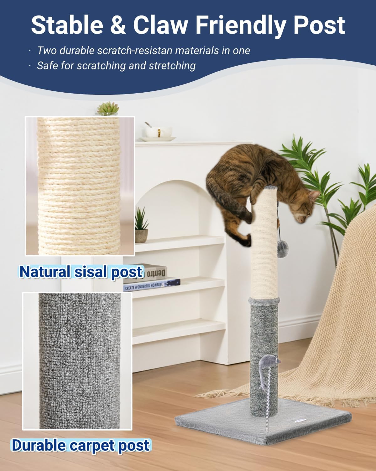 Cat Scratching Post, Cat Scratchers for Indoor Cats with Toys – Essentials for Cats - 29.5" / Light Gray - image 2