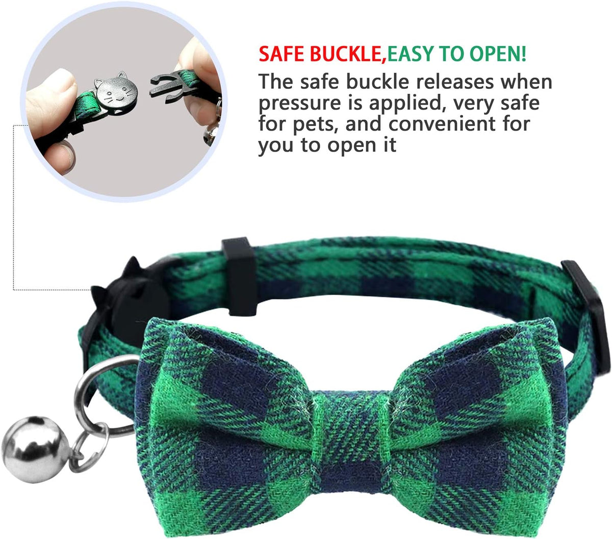 2 Pack/Set Cat Collar Breakaway with Cute Bow Tie and Bell for Kitty - Green+Orange / Plaid - image 3