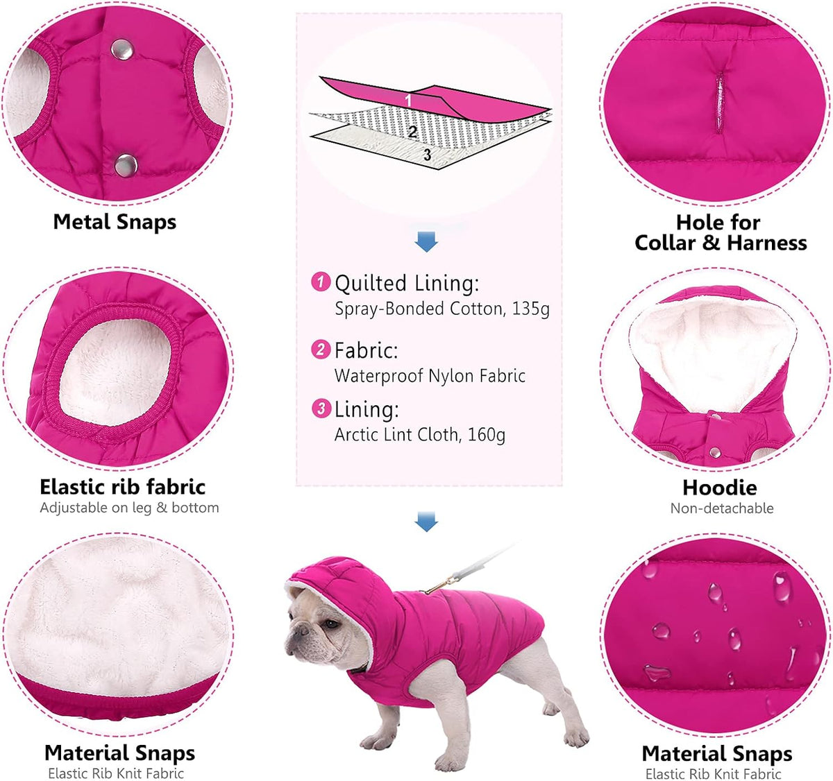Dog Winter Coat,Warm Fleece Lined Dog Jacket with Leash Hole & Hood – Essentials for Dogs - Pink / Large - image 4
