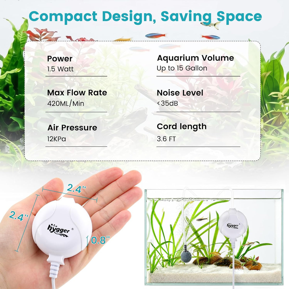 hygger Quiet Mini Air Pump for Aquarium 1.5 Watt Oxygen Fish Air Pump - White - image 3