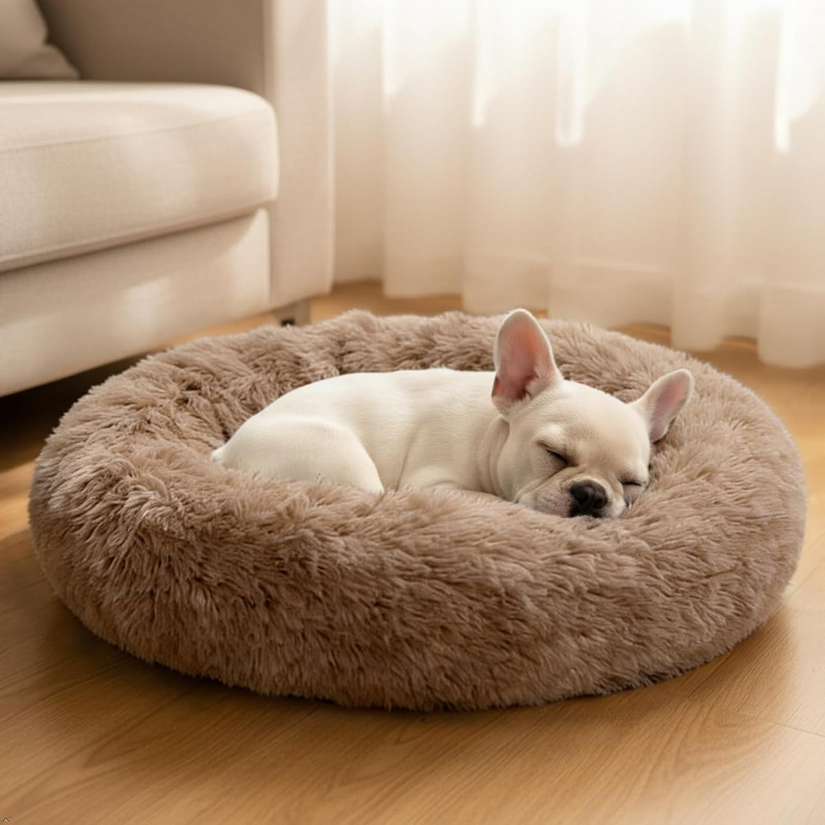 Comfort Donut Dog Bed, Ultra-Soft Pet Bed with Neck Support - 20''Lx20''Wx8''Th / Light Brown