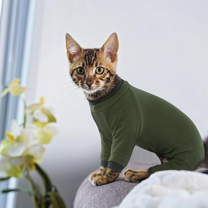 PUMYPOREITY Sticky Hair Cat Clothes, Prevent Hair Loss Cat Pajamas, Soft Cat Sweaters for Cats Only, Cat Hair Sticky Onesie, Cat Recovery Suit After Surgery, Green, L