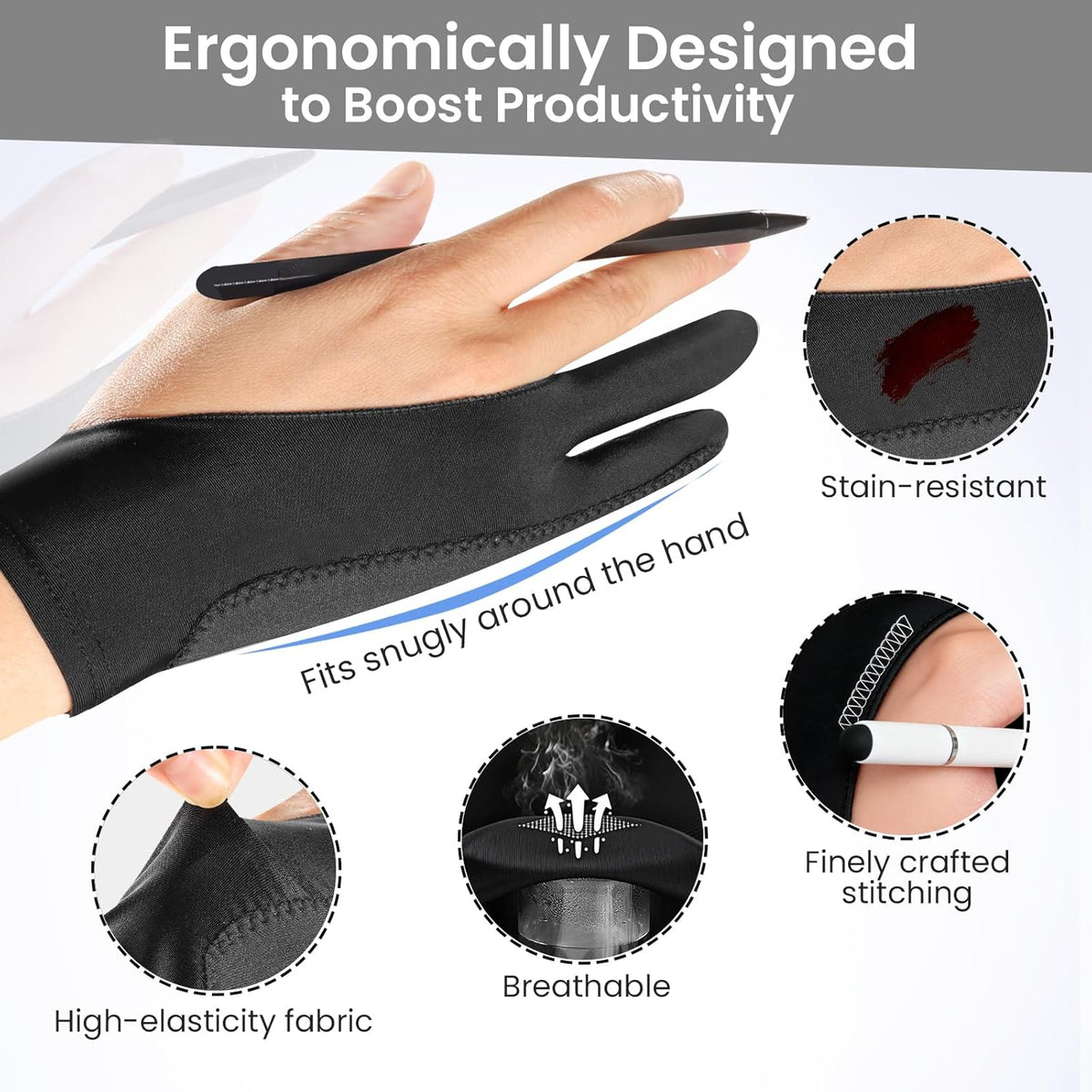 Artist Drawing Glove: 3-Layer Palm Rejection for iPad & Drawing - Midnight Ink(4 Pack) / Medium - image 4