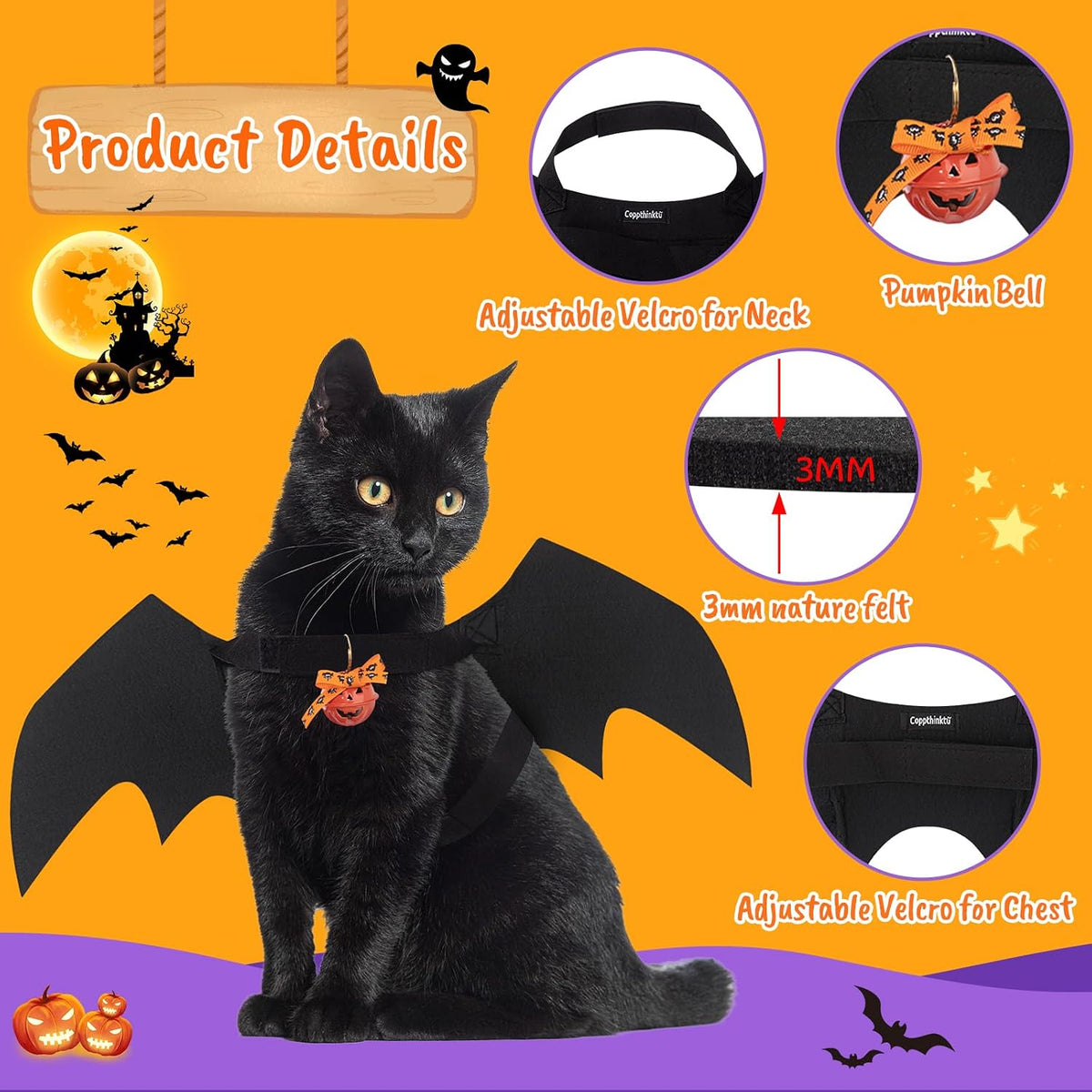 Cat Bat Wings Halloween Puppy Bat Wings Pet Bat Costume Cosplay Bat - Bat Wings+Bell - image 2