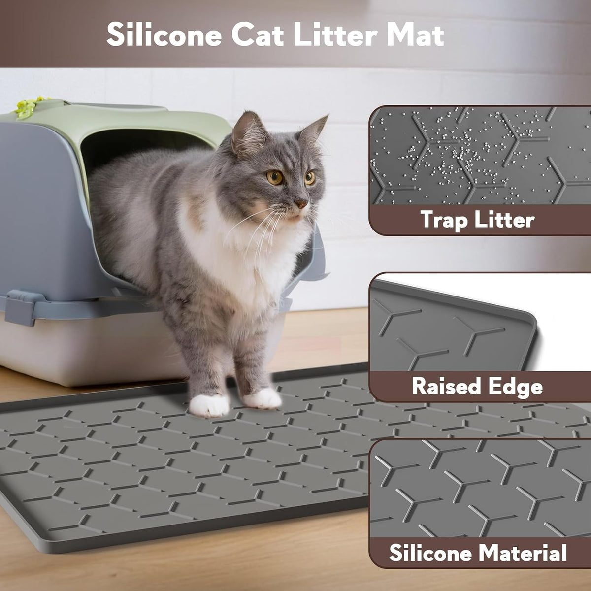 Silicone Cat Litter Mat 34×22 inch, Easy to Clean, Gray – Daily Care for Cats - 24" X 16" / Dark Grey - image 2