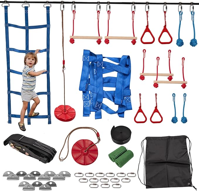 Slsy Ninja Warrior Obstacle Course for Kids, 50FT Durable Ninja Slackline Kit with 8 Complete Accessories, Playset Equipment with Swing, Climbing Net, Ladder & Monkey Bars (8 Obstacles)