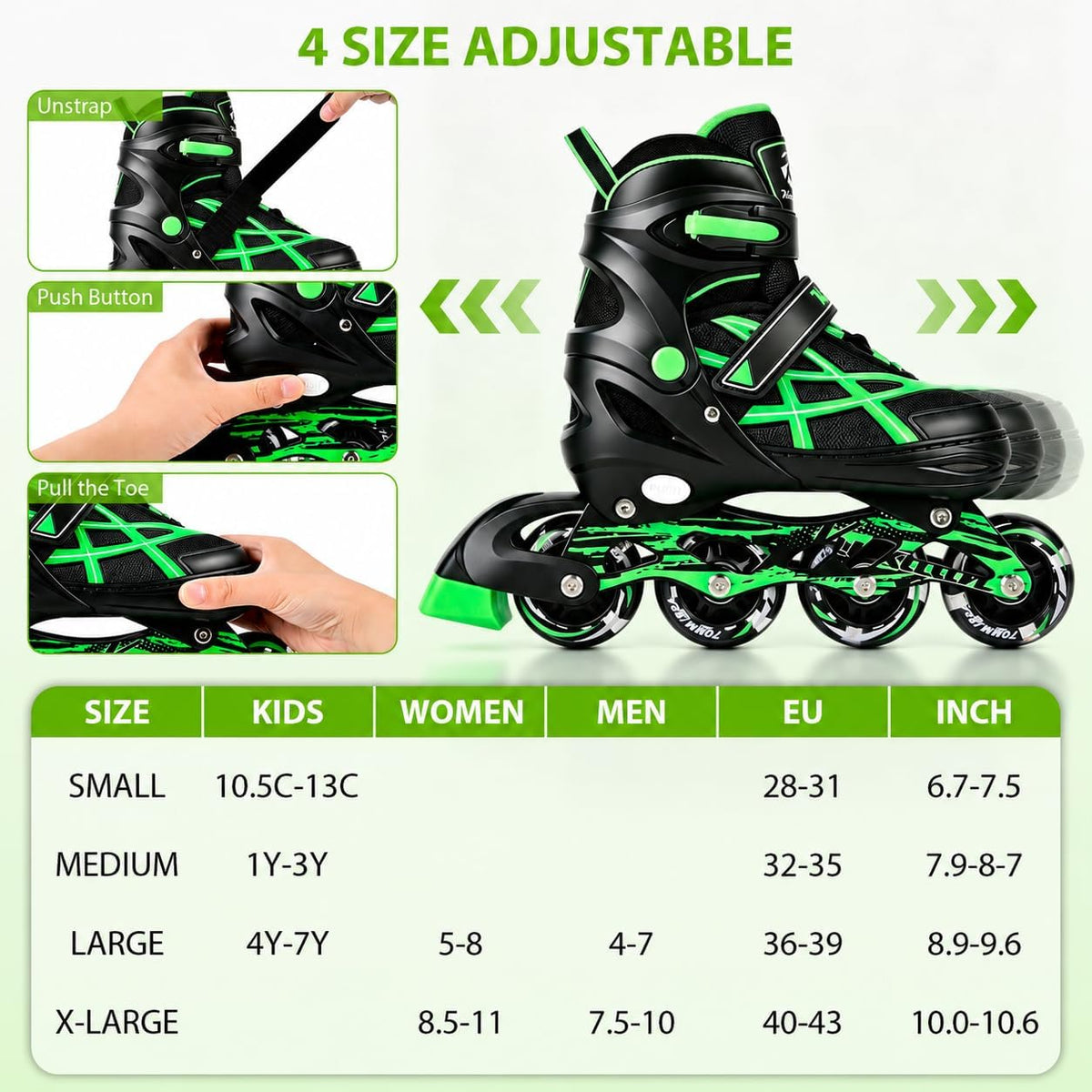 Kuxuan Boys Adjustable Inline Skates with Light up Wheels for Kids - Stripe Green / Medium(Kids 13-3 US) - image 3
